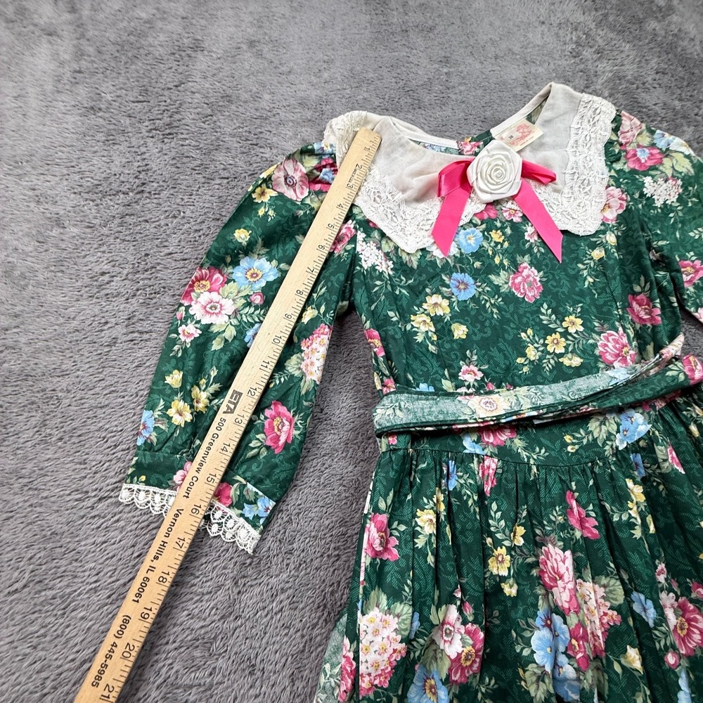 Vintage 80s Pretty N Pink Girls Dress Sz 10 Green Floral Lace Collar Cottagecore - Picture 6 of 6